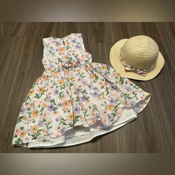 Little Lass White floral A-Line Sundress Sleeveless with hat size 6 - Picture 2 of 7